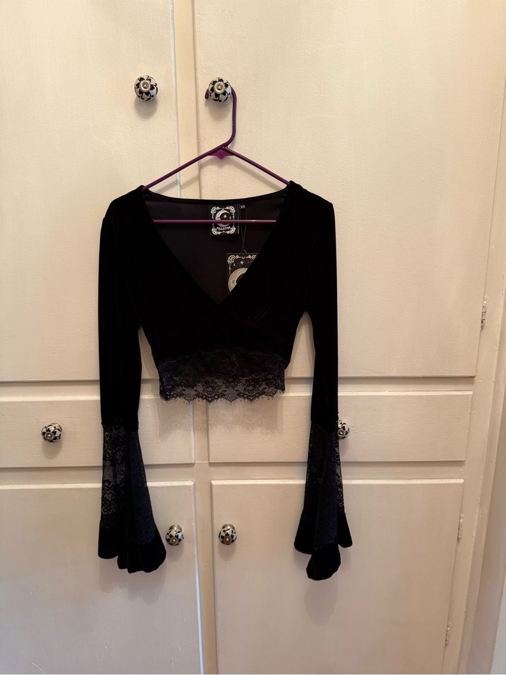Killstar Naomi Long Sleeve Black Lace-Trim Velvet Top XS